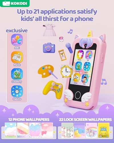 KOKODI Kids Smart Phone Toys, Birthday Gifts Unicorn Toddler Play Phone for Girls 3-10, Touchscreen HD Dual Camera Cell Phone for Kids, Travel Toy Preschool Learning Toy for Kids