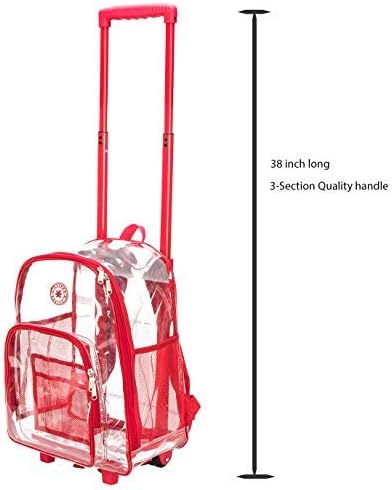 K-Cliffs Rolling Clear Backpack Heavy Duty Bookbag Quality See Through Workbag Travel Daypack Transparent School Book Bags w/Wheels Red