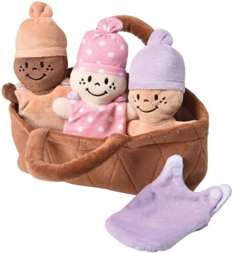 Creative Minds Basket of Babies with 3 Super Soft 9" Plush Doll Toys for Babies and Kids, Plush Multicultural Sensory Babies Toy Set with Basket, Orange, Purple, Pink