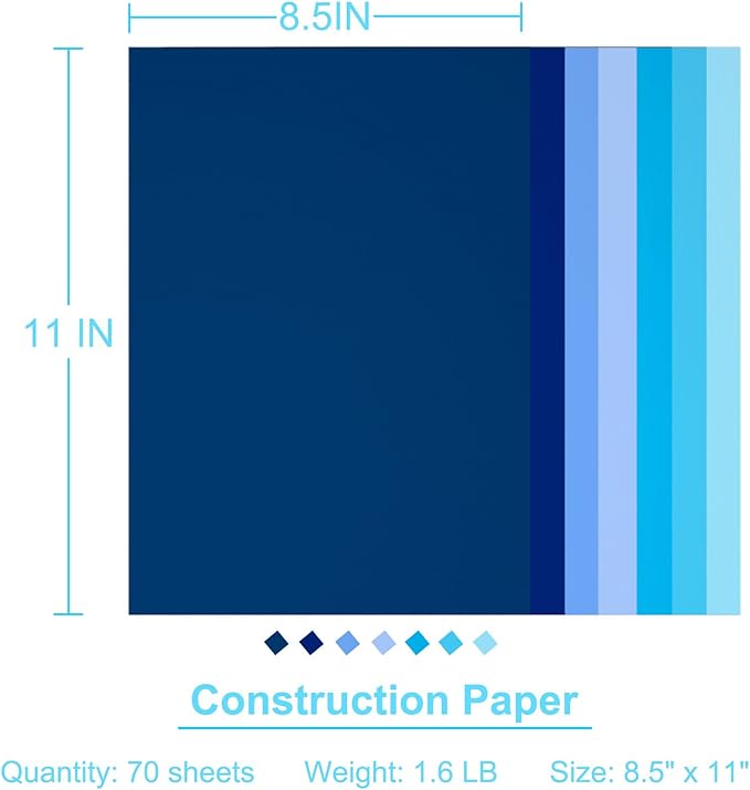 Construction Paper 8.5inx11in,70 Sheets,Set of 7 Colors 178GSM/65LB Heavyweight Construction Paper,Crafts,Arts,School Classroom Art Supplies Assorted Colors Bulk Paper