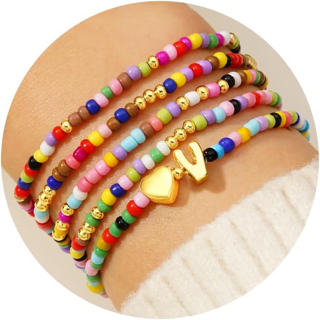 M MOOHAM 5PCS Colorful Beaded Initial Bracelets for Girls Women - Cute Stretch Heart Letter Beaded Bracelet Bohemian Initial Stackable Bracelet Birthday Gift Jewelry for Kids Teen Girl