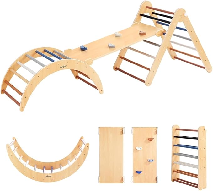 Asweets 4 in 1 Pikler Triangle Gym, Montessori Foldable Climber with Ramp, Indoor Climbing Toys for Kids, Climbing Triangle for Toddlers Arch Climber, Rocker, Learning Waldorf Children Toy, Dark