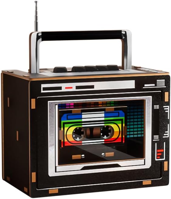 3D Puzzle Vintage Radio, DIY Assembly Model with FM Radio Function, Wood Construction, (Black)