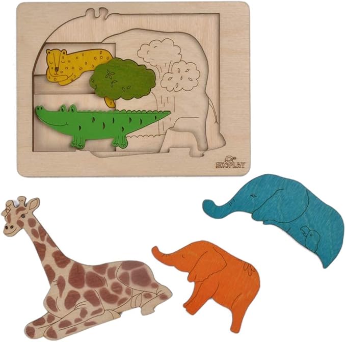 Jungle Animals Multilayered Wooden Puzzles for Kids | 6 Piece Jigsaw Puzzle for Preschool Kids | Learning Educational Toys Gifts for Boys Girls 3+ Years