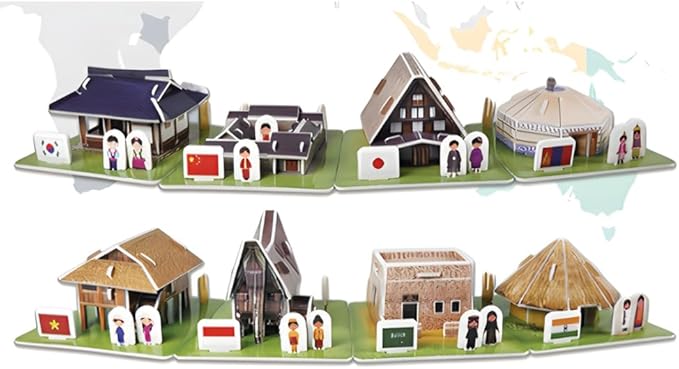3D Puzzle Set - Traditional Houses Collection: Build 8 Country Models with Authentic Costumes, DIY Kit for Hobbyists, Creative Toy and Home Decor (Asia)