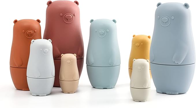 OESSUF 8 Pieces Silicone Nesting Dolls Russian Matryoshka Doll Easter Toys Montessori Educational Toy for Kid Boys Girls Bears Stacking Nesting Toys Set for Toddlers 3 Years Up