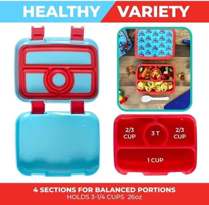 Bento Lunch Box with Thermo Set for Kids, 4 Compartment Bento-Box, Insulated Lunch Bag, Stainless Steel Food Jar, Baby Blue Shark