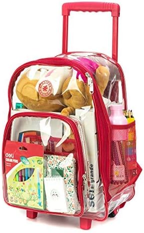 K-Cliffs Rolling Clear Backpack Heavy Duty Bookbag Quality See Through Workbag Travel Daypack Transparent School Book Bags w/Wheels Red