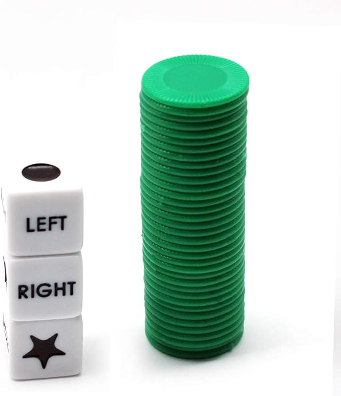 Left Right Center Dice Game Set with 3 Dices + 36 Chips (Green)