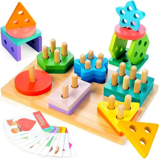 Shape Sorters for Toddlers 1-3 with 24-Piece Large Blocks & 12 Word Cards, Montessori Sensory Developmental Toy for Baby 12mo+, Wooden Stacking Puzzle Toy for 2-4 Year Old Kid Boy & Girl Birthday Gift