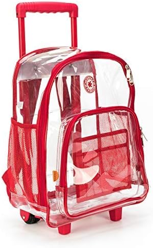 K-Cliffs Rolling Clear Backpack Heavy Duty Bookbag Quality See Through Workbag Travel Daypack Transparent School Book Bags w/Wheels Red