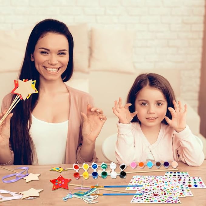 92 Pcs Unfinished Star Princess Fairy Wands Kit Make Your Own Princess Wand DIY Art Craft Magical Wand Include 36 Star Wooden Fairy Wands 18 Gem Stickers 36 Ribbons 2 Markers for Kids Party Supplies