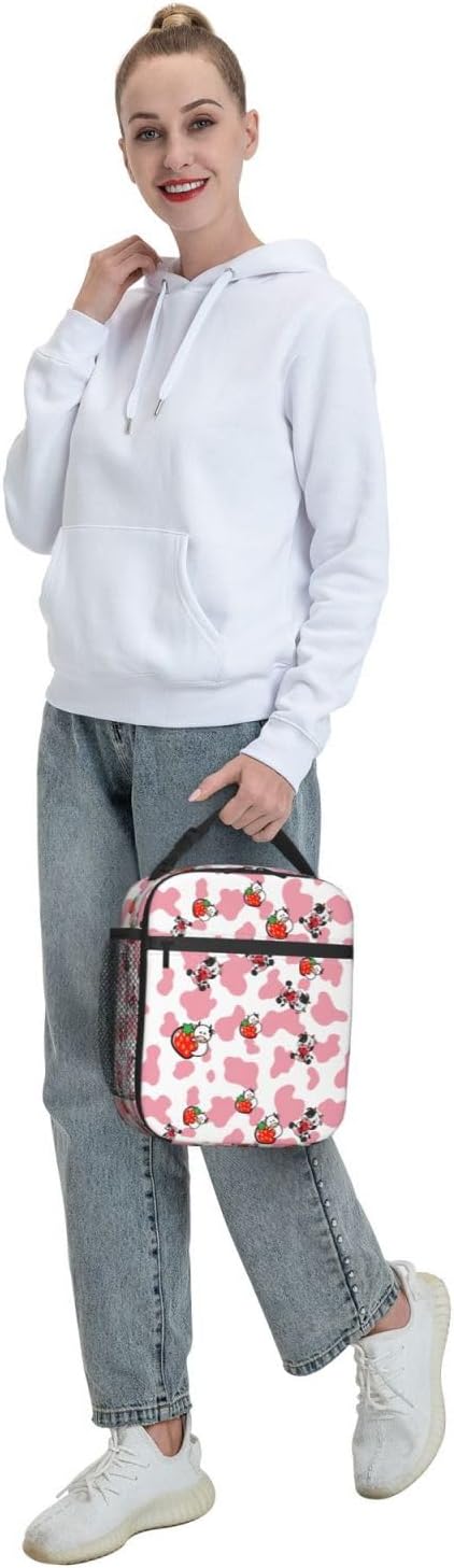 Pink Strawberry Cows Print Reusable Lunch Box Food Bag Insulated Lunch Bag for Teenage Boys Girls School Beach