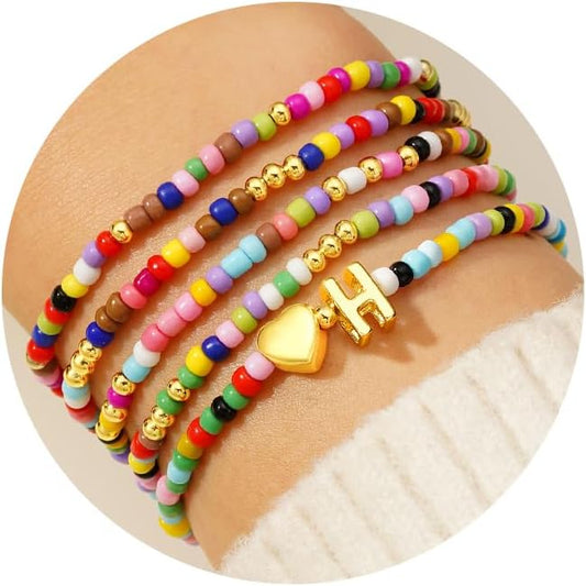 M MOOHAM 5PCS Colorful Beaded Initial Bracelets for Girls Women - Cute Stretch Heart Letter Beaded Bracelet Bohemian Initial Stackable Bracelet Birthday Gift Jewelry for Kids Teen Girl