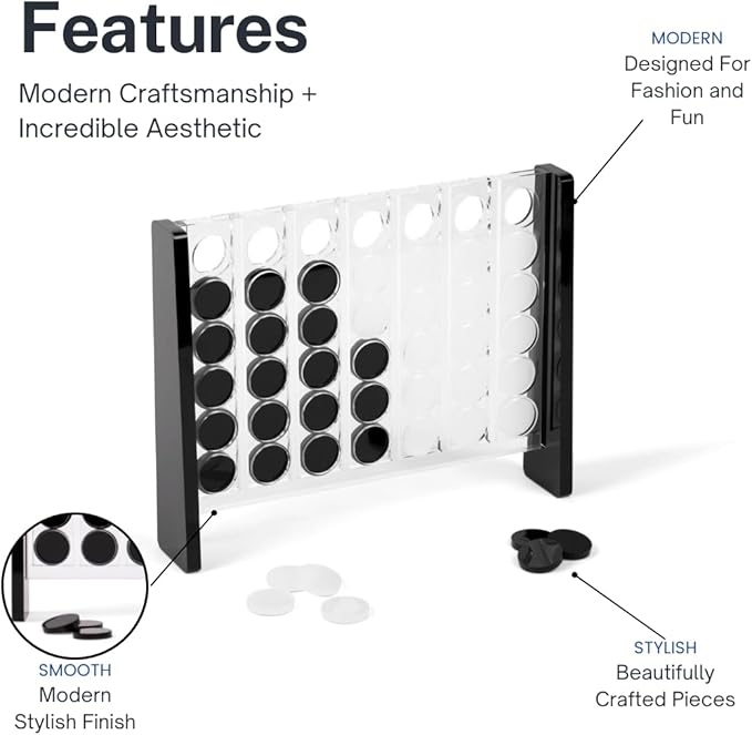 Unique Four in a Row - Acrylic 4 in a Row Game - Board Game Decor - Coffee Table Games - 2 Player Board Games for Family - Connect The Four Pieces Game - Classic Strategy Family Game (Black and White)