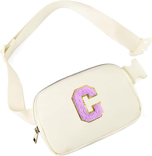 Gitus Gifts for 8 9 10 11 12 Year Old Girls Belt Bag Fanny Pack Crossbody Bags with Initial Letter Patch Cute Stuff Birthday Gifts for Teen Girls Women Personalized Trend Stuff (Ivory-C)