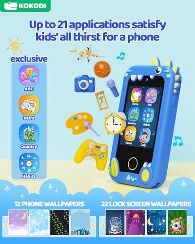 KOKODI Kids Smart Phone, Touchscreen HD Dual Camera Cell Phone for Kids, Christmas Birthday Gifts Dinosaur Toddler Play Phone for Boys 3-10, Travel Toy Preschool Learning Education Toy