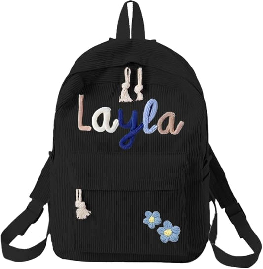 Personalized Corduroy Backpack with Kids Name, Custom Cotton Rope Embroidery Shoulder Bag, Customized Back to School Gifts for Girls Boys