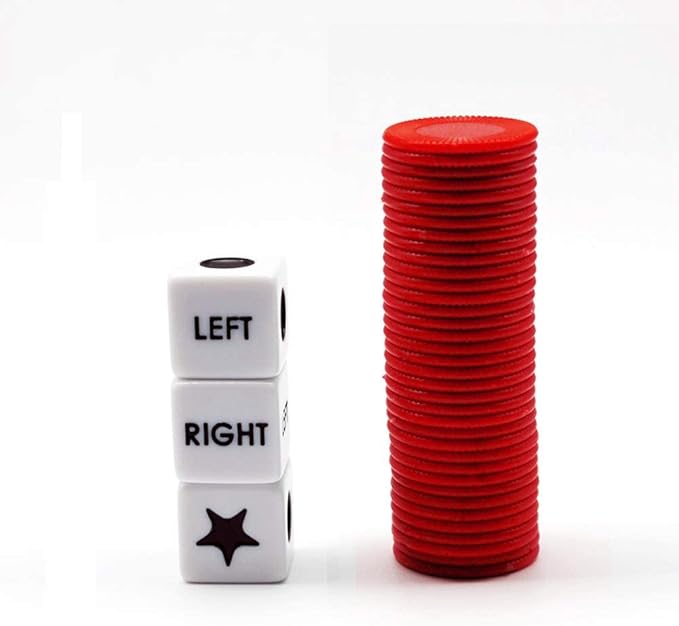 Left Right Center Dice Game Set with 3 Dices + 36 Red Chips (Red)