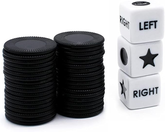 Left Right Center Dice Game Set with 3 Dices + 36 Black Chips (Black)
