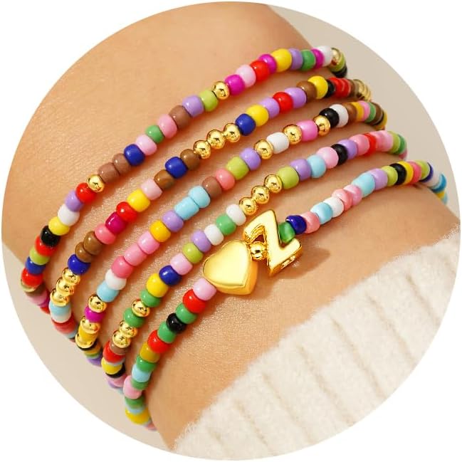M MOOHAM 5PCS Colorful Beaded Initial Bracelets for Girls Women - Cute Stretch Heart Letter Beaded Bracelet Bohemian Initial Stackable Bracelet Birthday Gift Jewelry for Kids Teen Girl
