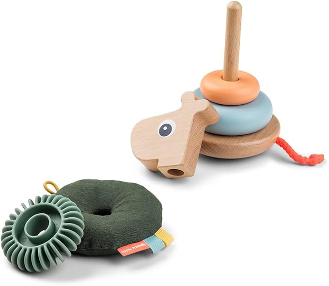 Done by Deer Raffi Stacking Tower - Colorful Wooden Ring Stacker Toy with Different Shapes and Textures for Sensory Stimulation and Motor Skill Development - Tilt Function and Pull Tail for Added Fun