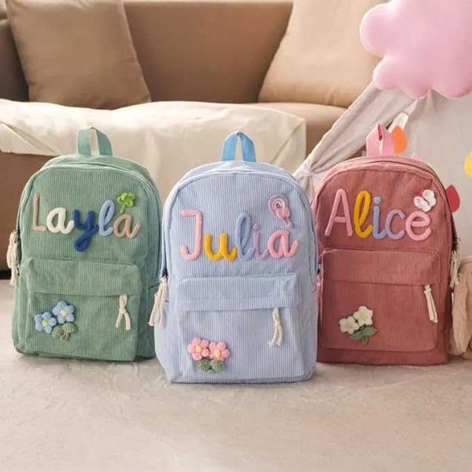 Personalized Backpack for Girls/Boy with Name, Custom Corduroy School Bag with Cotton Rope Woven, Back to School Bag for Kids, Birthday/Christmas Gift, Children Gift