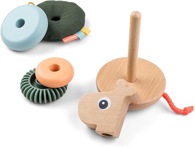 Done by Deer Raffi Stacking Tower - Colorful Wooden Ring Stacker Toy with Different Shapes and Textures for Sensory Stimulation and Motor Skill Development - Tilt Function and Pull Tail for Added Fun