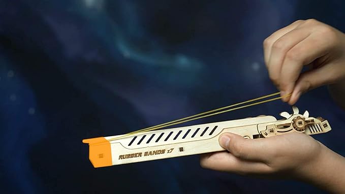 Wood Trick Cyber Gun 3D Wooden Puzzle - Rubber Band Gun Pistol - Shoots up to 20 feet - Wood Model Kit for Adults and Kids to Build - 14+