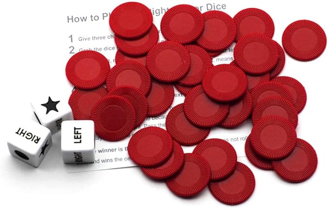 Left Right Center Dice Game Set with 3 Dices + 36 Red Chips (Red)