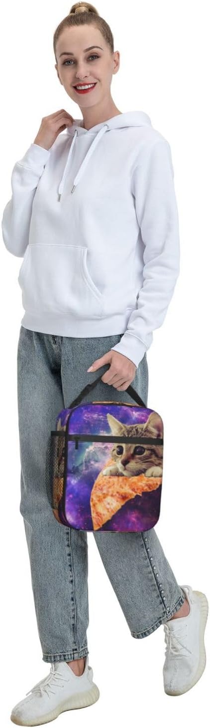 Galaxy Pizza Cat Reusable Lunch Box Food Bag Insulated Lunch Bag for Teenage Boys Girls School Beach