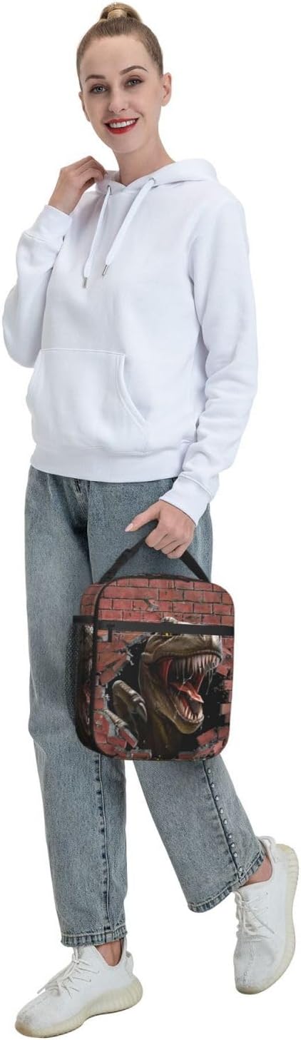 Dinosaurs Breaking Walls Reusable Lunch Box Food Bag Insulated Lunch Bag for Teenage Boys Girls School Beach