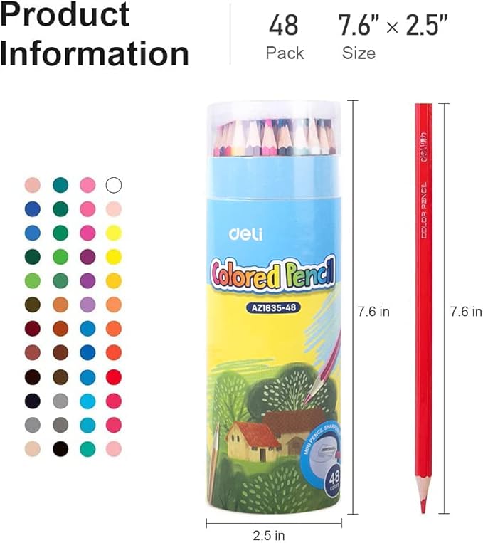 Deli 48 Pack Colored Pencils with Built-in Sharpener in Tube Cap, Vibrant Color Presharpened Pencils for School Kids Teachers, Soft Core Art Drawing Pencils for Coloring, Sketching, and Painting