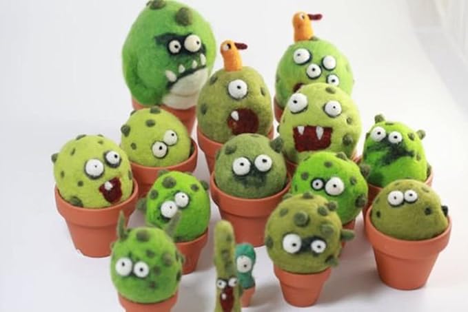 Woolbuddy Needle Felting Kit - Cactus Succulent Monster Design for Beginners Adult, Includes Wool, Supplies, 4 Clay Pots and Clear Instructions