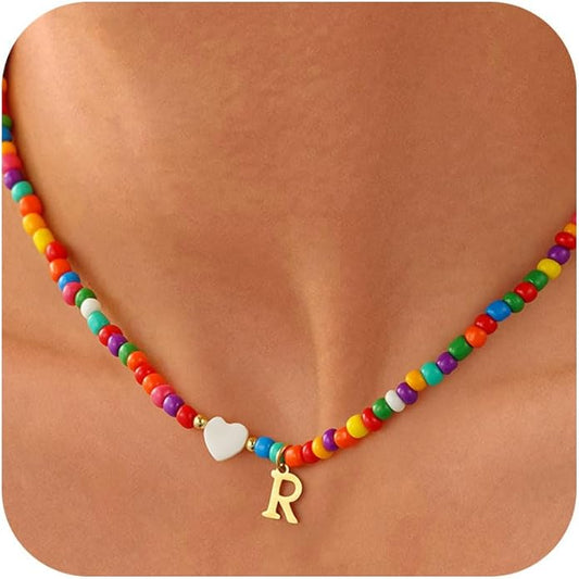 Colorful Initial Necklaces for Girls Women Kids - Teen Girls Gifts Trendy Beaded Initial Necklace Dainty Letter Gifts Choker Necklace for Girl Jewelry