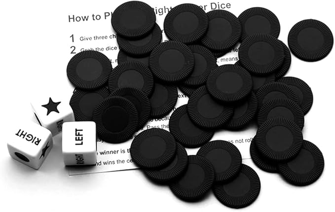 Left Right Center Dice Game Set with 3 Dices + 36 Black Chips (Black)