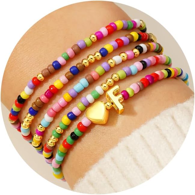 M MOOHAM 5PCS Colorful Beaded Initial Bracelets for Girls Women - Cute Stretch Heart Letter Beaded Bracelet Bohemian Initial Stackable Bracelet Birthday Gift Jewelry for Kids Teen Girl