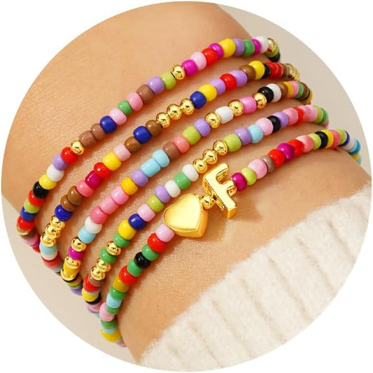 M MOOHAM 5PCS Colorful Beaded Initial Bracelets for Girls Women - Cute Stretch Heart Letter Beaded Bracelet Bohemian Initial Stackable Bracelet Birthday Gift Jewelry for Kids Teen Girl