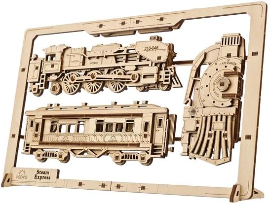 UGEARS 2.5D Framed Steam Express - Classic Train Wood Model Kit with Movable Wheels, Mechanisms & Doors – Steam Train Wooden Puzzle Model Kits for Adults - Home and Office Decor