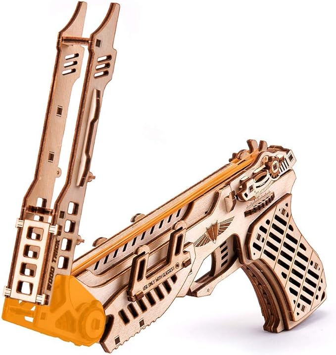 Wood Trick Cyber Gun 3D Wooden Puzzle - Rubber Band Gun Pistol - Shoots up to 20 feet - Wood Model Kit for Adults and Kids to Build - 14+