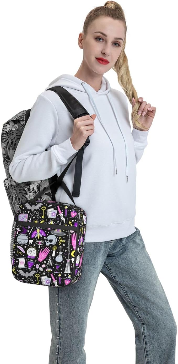 Magic Goth Spooky Gray Purple Reusable Lunch Box Food Bag Insulated Lunch Bag for Teenage Boys Girls School Beach