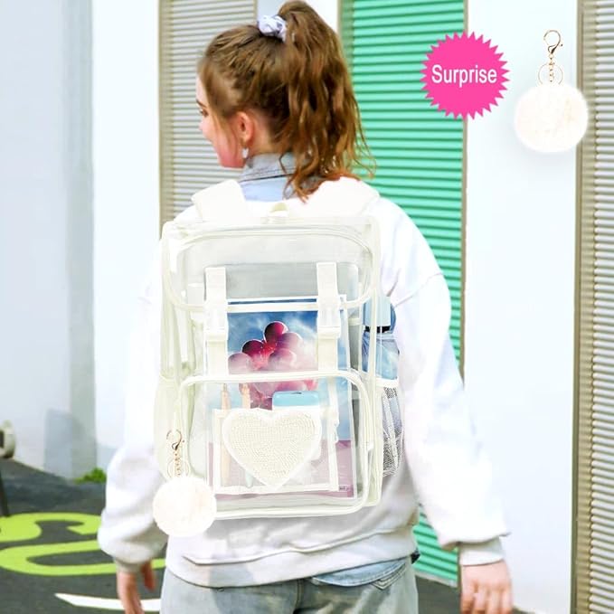 17" Sequin Clear Backpack for Girls - 3Pcs Sparkle Flip Design Stadium Approved Set, Campus/School Transparent Bookbag (White)