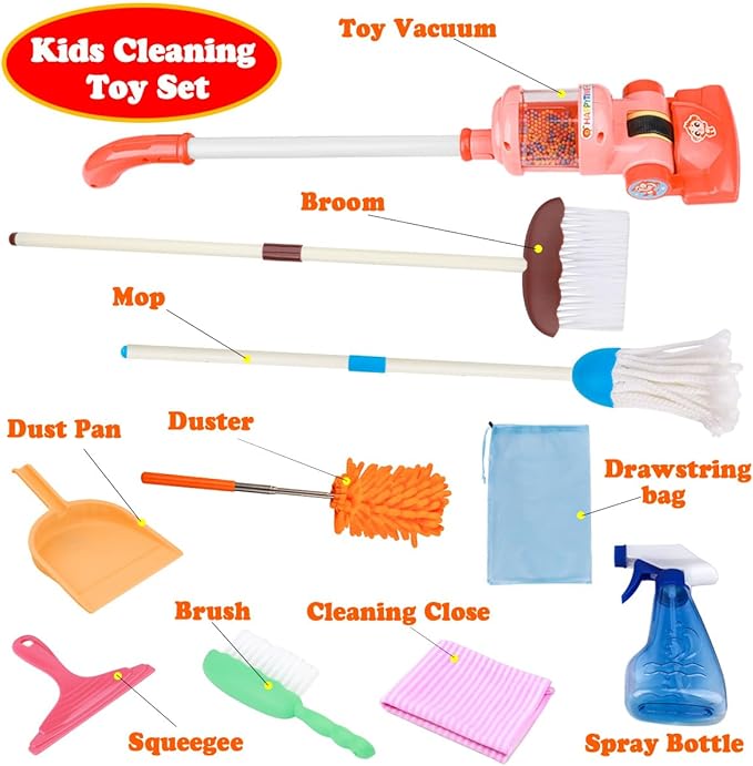 Meland Kids Cleaning Set - 8Pcs Toddler Broom and Toy Vacuum Cleaner, Pretend Play Children House Cleaning Toys, Christmas Birthday Gift for Girls and Boys
