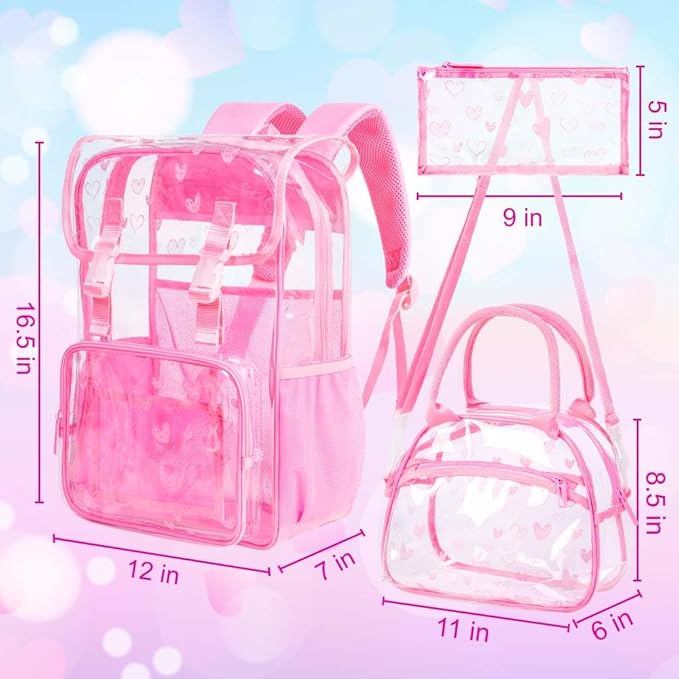 17" Heart Print Clear Backpack for Girls - 3Pcs Flip Design Stadium Approved Set, Campus/Travel Transparent Bookbag (Pink)