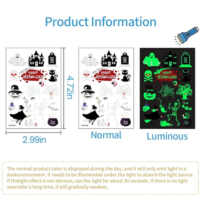 Luminous Halloween Temporary Tattoos for Kids - 360 Pieces Halloween Glow In The Dark Tattoos for Boys and Girls,Bulk Halloween Prizes Treat or Trick Party Favor Goody Bag Stuffers 20 Sheets