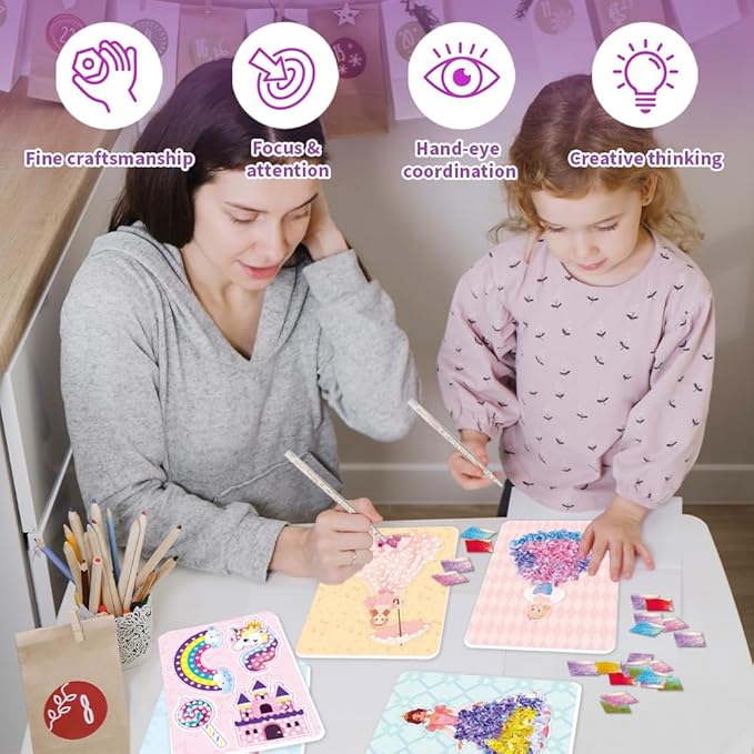 BLXIN Poke-Art Princess Craft Kit, Girls DIY Paper Art Set with Castle & Rainbow Designs, Pretty Princess Game,Creative Educational Activity,Crafts Gifts for Girls Ages 3-8, DIY Activity