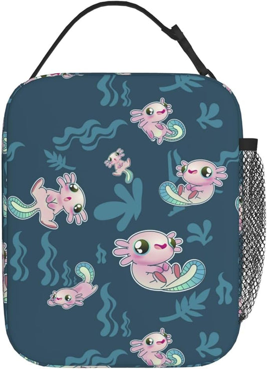 Cute Axolotl Print Reusable Lunch Box Food Bag Insulated Lunch Bag for Teenage Boys Girls School Beach