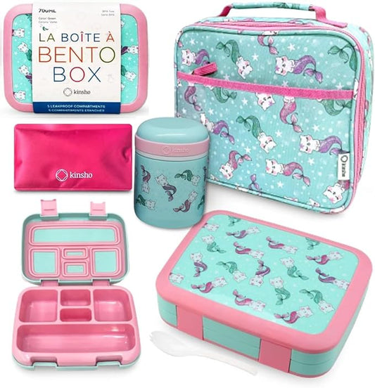 Bento Box with Stainless Steel Food Thermo for Hot Food or Soup, Insulated Lunch Bag, and Ice Pack Set for Kids Girl Toddlers. Ages 3 to 7 Pink Aqua Cat Mermaid