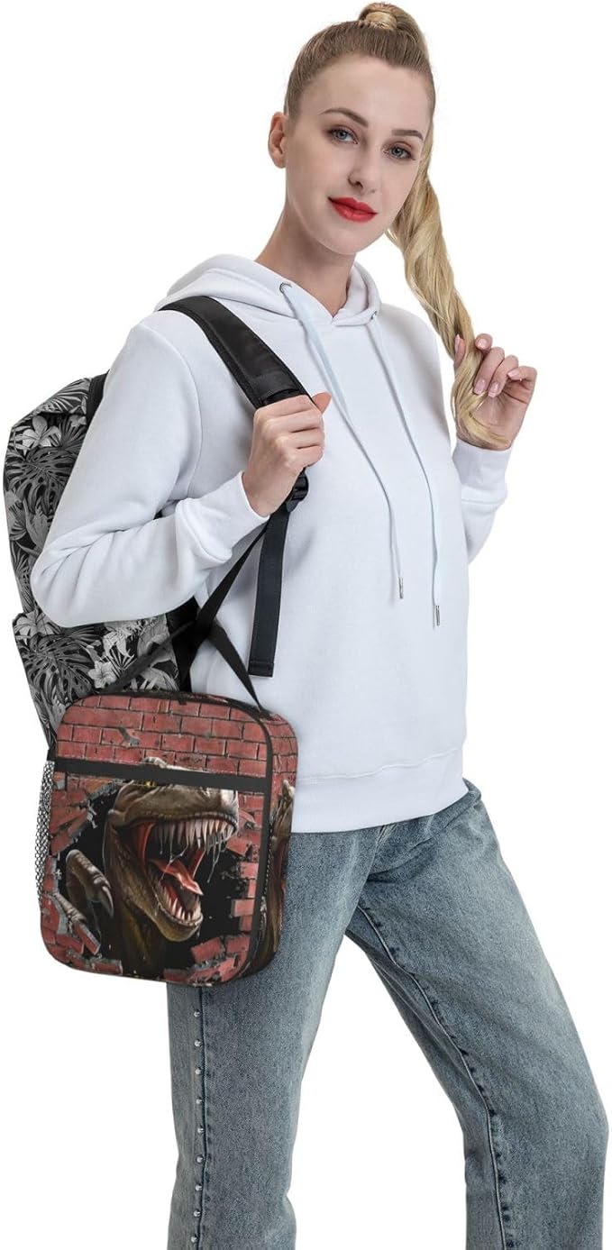 Dinosaurs Breaking Walls Reusable Lunch Box Food Bag Insulated Lunch Bag for Teenage Boys Girls School Beach
