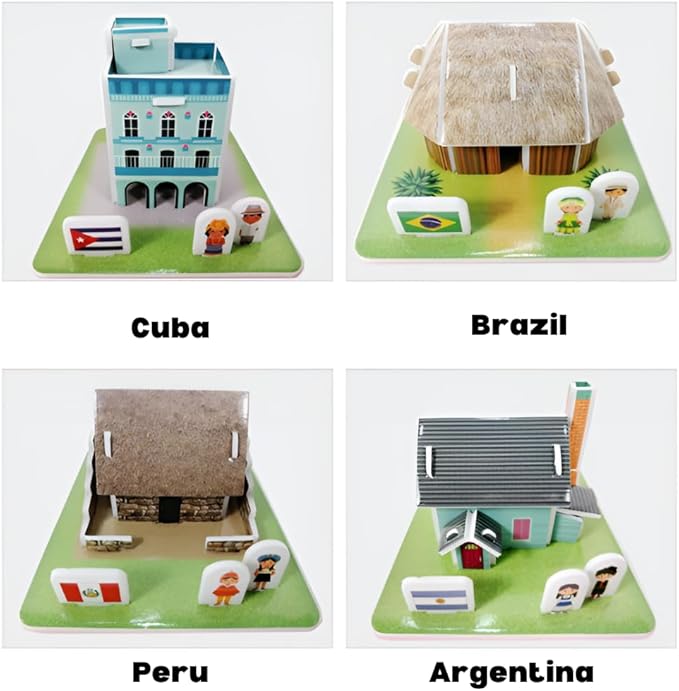 3D Puzzle Set - Traditional Houses Collection: Build 8 Country Models with Authentic Costumes, DIY Kit for Hobbyists, Creative Toy and Home Decor (America)